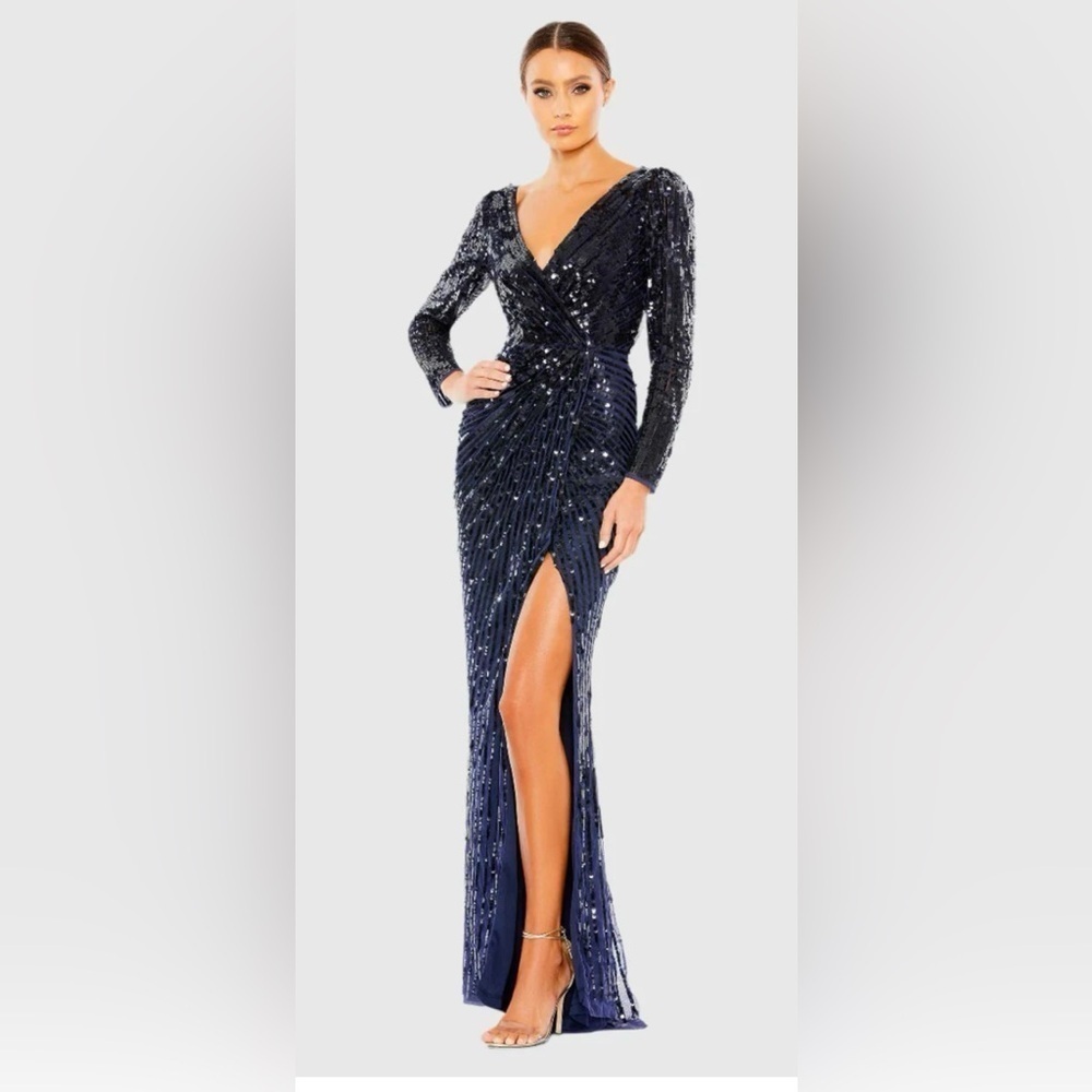 MAC DUGGAL 93660 NWT Sequined Faux Wrap Long Sleeve Gown